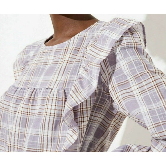 Ann Taylor LOFT Plaid Ruffle Cropped Blouse Large - Picture 3 of 9